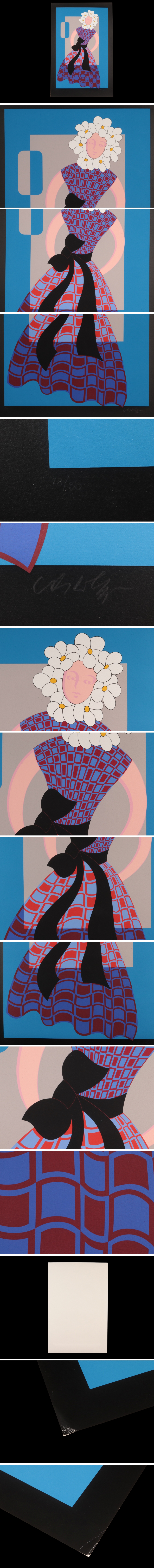 新品最新作絵画 真作保証 ヴィクトル・ヴァザルリ「花飾りの少女」シルクスクリーン 18/50 直筆サイン オプ・アート 大判 骨董品 美術品 7634ocgz シルクスクリーン